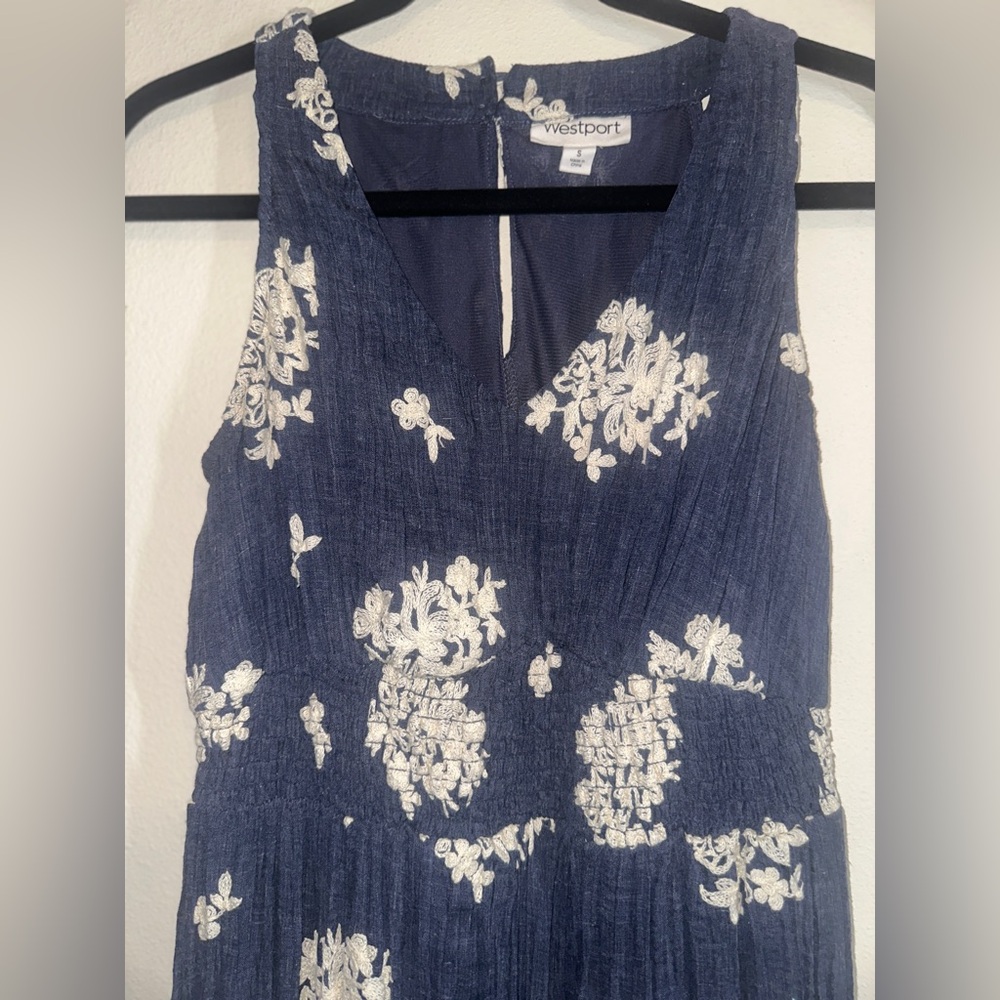 New - Westport Midnight Blue Dress with Floral Ivory Embroidery